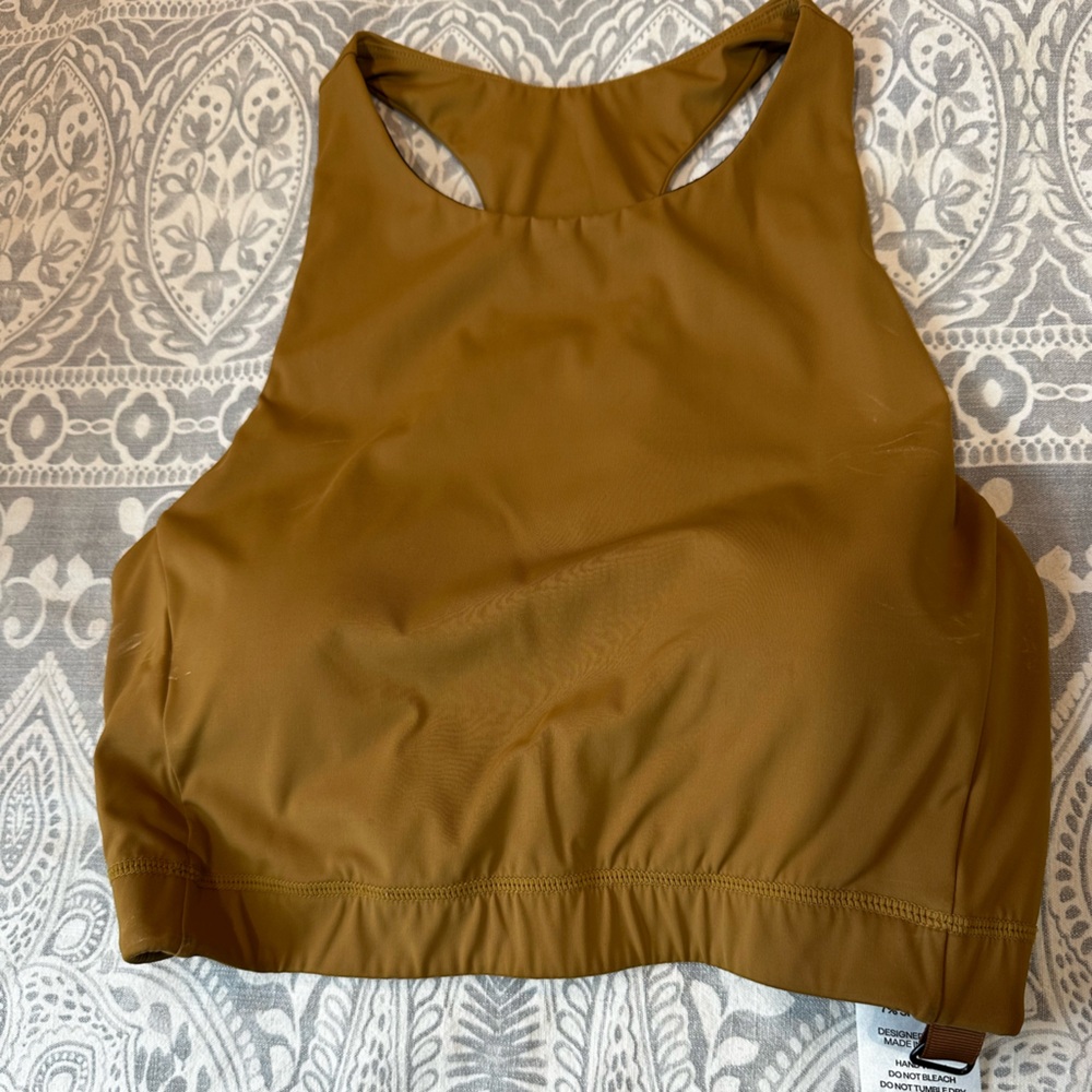 Wondery Outdoors Racerback Crop Top Sports Bra — Tan/Caramel & Black — Size L